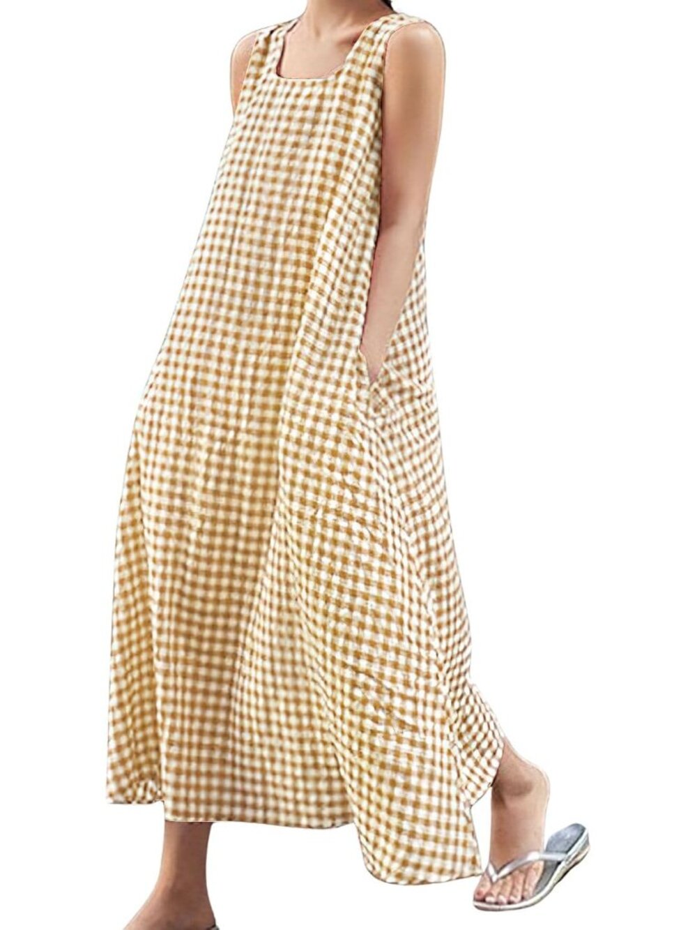 Women's Summer Casual Loose-Fit Cotton Plaid Tank Maxi Dress with Pockets Boho B